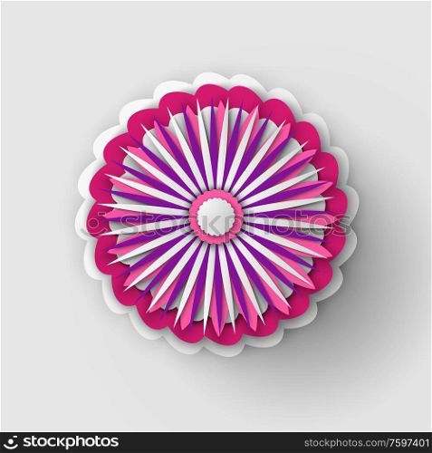 Pink flower origami with petals decoration, blooming and blossom, decor made of purple paper. Colorful Japanese style daisy or sakura in flat style. Paper Cut Pink Vector Design Flower Illustration