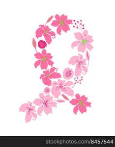 Pink flower ribbon. Breast cancer awareness month. Fight symbol vector illustration.