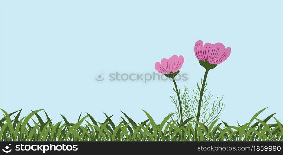 Pink flowers and green grass on blue background vector