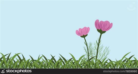 Pink flowers and green grass on blue background vector