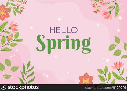 Pink flowers and green leaves framing rectangular space, soft background. Playful script text Hello Spring seasonal design and promotion. Evoking feeling of renewal and fresh starts that spring brings. Pink flowers and green leaves framing rectangular space, soft background. Playful script text Hello Spring seasonal design and promotion. Evoking feeling of renewal and fresh starts that spring brings.