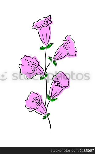 Pink flowers and leaves. Spring botanical vector illustration. Doodle style.
