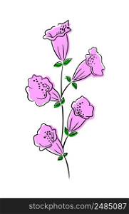 Pink flowers and leaves. Spring botanical vector illustration. Doodle style.