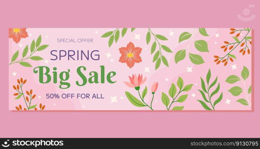 Pink flowers, green leaves berries framing, soft background. Spring Big Sale horizontal banner, seasonal promotion, discount. Warm, inviting atmosphere, evoking beauty, freshness of spring.. Pink flowers, green leaves berries framing, soft background. Spring Big Sale horizontal banner, seasonal promotion, discount. Warm, inviting atmosphere, evoking beauty, freshness of spring
