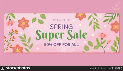 Pink flowers, green leaves berries framing, soft background. Spring Super Sale horizontal banner, seasonal promotion, discount. Warm, inviting atmosphere, evoking beauty, freshness of spring.. Pink flowers, green leaves berries framing, soft background. Spring Super Sale horizontal banner, seasonal promotion, discount. Warm, inviting atmosphere, evoking beauty, freshness of spring