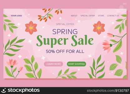 Pink flowers, green leaves berries framing, soft background. Special Offer Spring Landing page, seasonal promotion, discount. Warm, inviting atmosphere, evoking beauty, freshness of spring.. Pink flowers, green leaves berries framing, soft background. Special Offer Spring Landing page, seasonal promotion, discount. Warm, inviting atmosphere, evoking beauty, freshness of spring