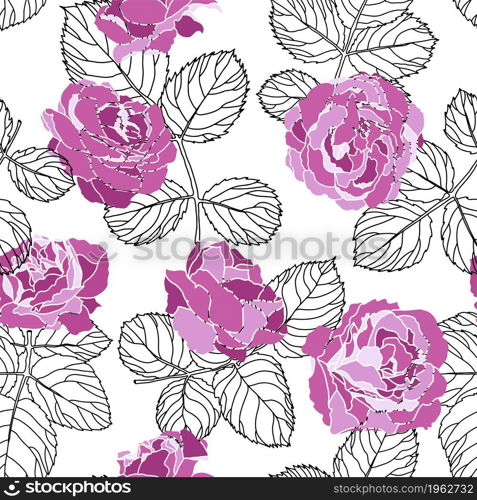 Pink flowers in bloom, flora and botany in color and leaves monochrome sketch outline. Background or print, seamless pattern with botany elements and tropical ornaments. Vector in flat style. Peonies or roses with leaves monochrome sketch