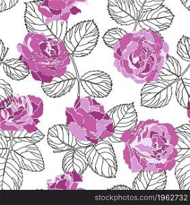 Pink flowers in bloom, flora and botany in color and leaves monochrome sketch outline. Background or print, seamless pattern with botany elements and tropical ornaments. Vector in flat style. Peonies or roses with leaves monochrome sketch