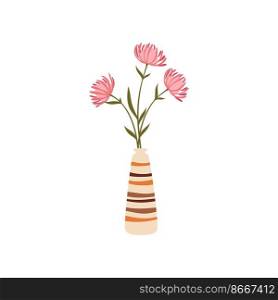 Pink flowers in vase isolated cartoon bouquet interior decoration. Vector fresh spring or summer blossoms, buds botanical flowers in scandinavian jug. Scandinavian flowers vase, cartoon interior decor