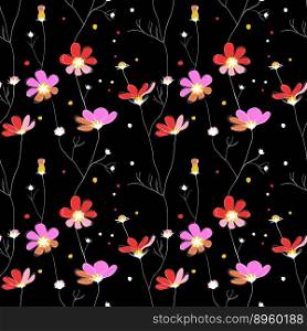 Pink flowers seamless pattern on black background vector image