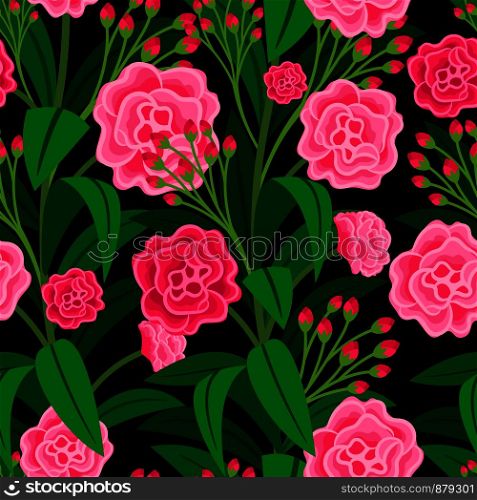 Pink flowers with green leaves floral pattern. Vector illustration. Pink flowers with green leaves pattern