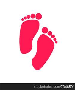 Pink foot steps of newborn baby girl vector illustration icon of footprints isolated on white background, icon of sole with toes, toddler legs. Pink Foot Steps of Newborn Baby Girl Vector Icon
