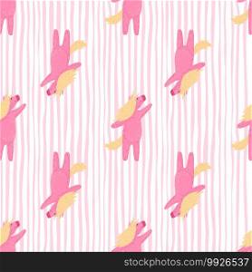 Pink funny unicorn hand drawn seamless pattern. Kids print with light striped background. Decorative backdrop for fabric design, textile print, wrapping, cover. Vector illustration. Pink funny unicorn hand drawn seamless pattern. Kids print with light striped background.