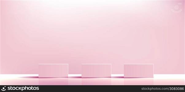 Pink geometric podium square and minimal boxes. empty showcase for cosmetic product presentation. Fashion magazine. vector Illustration design.
