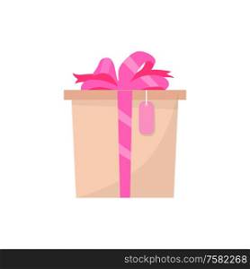 Pink gift box side view, vector present in color wrapping isolated. Surprise with price tag, topped by satin ribbon and bow, flat style illustration. Pink Gift Box Side View Vector Present in Wrapping