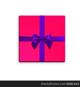 Pink gift box with purple ribbon and bow. Vector illustration with isolated design elements