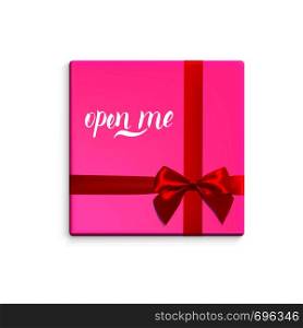 Pink gift box with red ribbon and bow. Vector illustration with isolated design elements.Letterig open me. Pink gift box with red ribbon and bow. Vector illustration with isolated design elements. Letterig open me