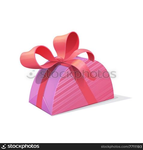 Pink gift box with ribbon bow vector design of present package in striped wrapping paper. Holiday surprise giftbox for Christmas, Xmas or Birthday, New Year, anniversary or Valentine Day celebration. Pink gift box with ribbon bow, present package