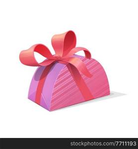 Pink gift box with ribbon bow vector design of present package in striped wrapping paper. Holiday surprise giftbox for Christmas, Xmas or Birthday, New Year, anniversary or Valentine Day celebration. Pink gift box with ribbon bow, present package