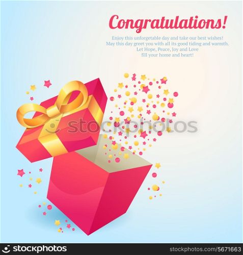 Pink gift box with yellow ribbon congratulations postcard vector illustration