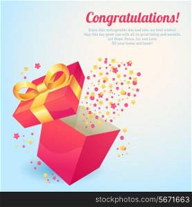 Pink gift box with yellow ribbon congratulations postcard vector illustration