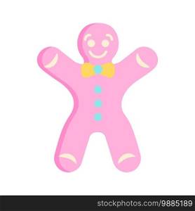Pink gingerbread man flat vector abstract element. Traditional winter season dessert. Merry xmas. Sweet ginger cookie RGB color clipart. Festive cookie isolated organic shape on white background. Pink gingerbread man flat vector abstract element
