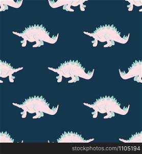 Pink girl dinosaur seamless pattern on blue. Adorable wild animal repeat ornaments. Colored vector illustration in flat cartoon style.. Pink girl dinosaur seamless pattern on blue.