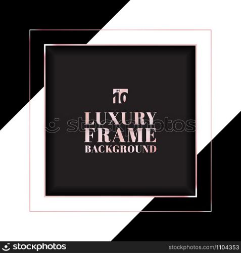 Pink gold square frame border on black and white striped background. Luxury style. Vector illustration