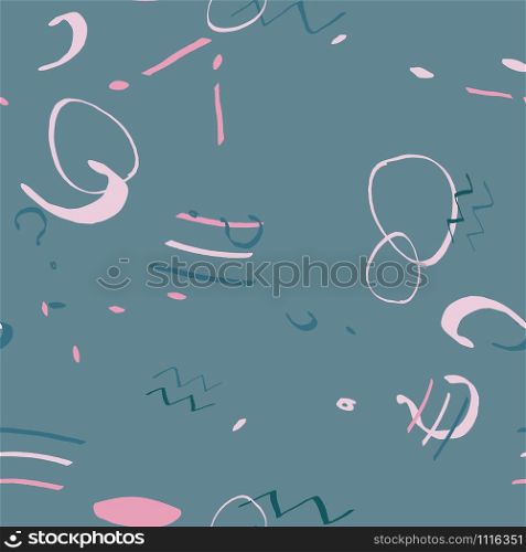 Pink graffiti textured shapes on teal seamless pattern ethnic background. Design for wrapping paper, wallpaper, fabric print, backdrop. Vector illustration.. Pink graffiti textured shapes on teal seamless pattern ethnic background.