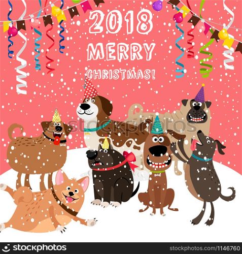 Pink greeting card 2018 merry christmas with party dogs, vector illustration. 2018 christmas card with dogs party