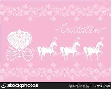 Pink Greeting Card with a lace ornament. Floral Background with white horses and carriage. Invitation - hand drawn text.