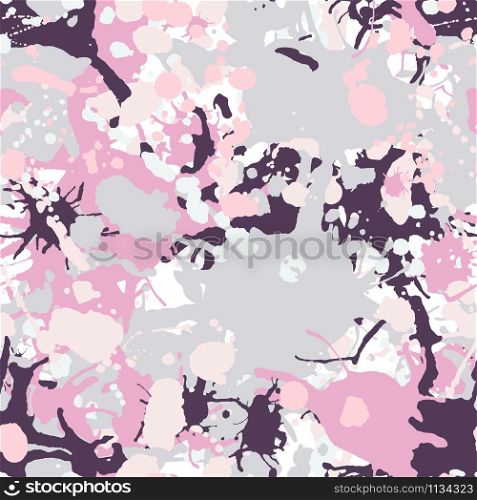 Pink, grey, white, purple artistic ink paint splashes camouflage seamless vector pattern