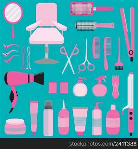 Pink hair styling tools kit set isolated on blue background. Flat style accessories, shampoo, comb, hair curler, hairdryer, hair straightener, hairbrush, hairspray, mirror, hairpins ecc.
