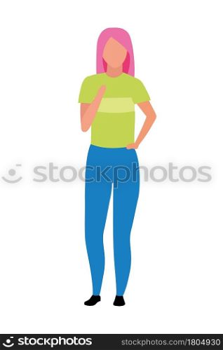 Pink-haired girl semi flat color vector character. Standing figure. Full body person on white. Woman wearing home outfit isolated modern cartoon style illustration for graphic design and animation. Pink-haired girl semi flat color vector character