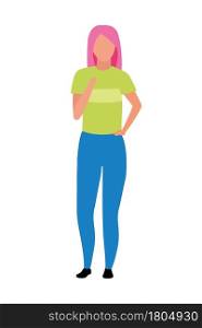 Pink-haired girl semi flat color vector character. Standing figure. Full body person on white. Woman wearing home outfit isolated modern cartoon style illustration for graphic design and animation. Pink-haired girl semi flat color vector character