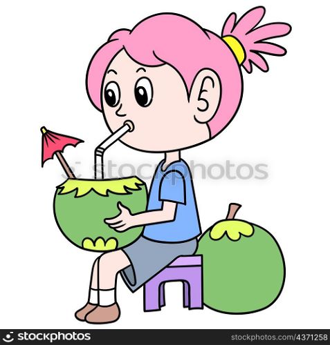 pink haired girl sits drinking young coconut on a hot day