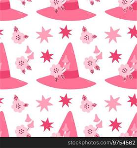 Pink Halloween seamless pattern vector illustration. Pink print in flat style. Halloween lettering"e. Vector illustration