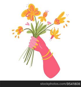 Pink hand holding yellow flowers. Greeting card design with uplifted happy mood. A print for special moments in close-knit community. Joyful vector illustration in bold minimalism style.