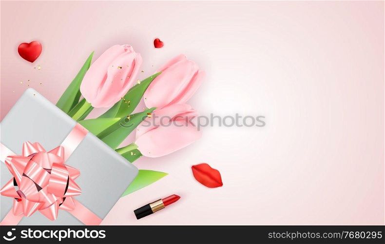 Pink Happy Womens Day Holiday Congratulation Background with Tulips and gift box. Vector Illustration EPS10. Pink Happy Womens Day Holiday Congratulation Background with Tulips and gift box. Vector Illustration
