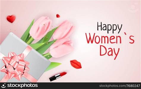 Pink Happy Womens Day Holiday Congratulation Background with Tulips. Vector Illustration EPS10. Pink Happy Womens Day Holiday Congratulation Background with Tulips. Vector Illustration