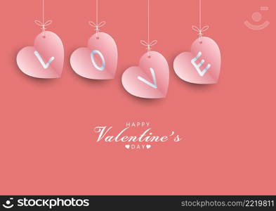 Pink heart, paper cut style, hanging with white rope with love text, On pink background For greeting cards, Valentine's Day. Simple appearance with copy space for Happy Valentine's Day text.