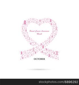 Pink heart ribbon sign.Breast Cancer October Awareness Month Campaign Background.Women health vector design.Breast cancer awareness logo design.Breast cancer awareness month icon.Realistic pink ribbon.Pink care logo.Vector illustration
