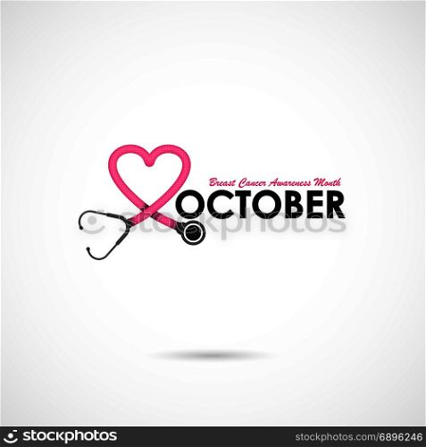 Pink heart ribon sign.Breast Cancer October Awareness Month Campaign Background.Women health vector design.Breast cancer awareness logo design.Breast cancer awareness month icon.Realistic pink ribbon.Pink care logo.Vector illustration