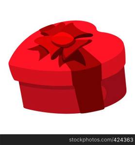 Pink heart shaped gift box with a ribbon cartoon icon on a white background. Pink heart shaped gift box with a ribbon icon