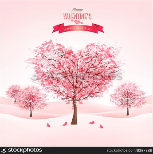 Pink heart-shaped sakura trees. Valentine&rsquo;s day. Vector.