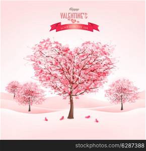 Pink heart-shaped sakura trees. Valentine&rsquo;s day. Vector.