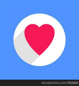 Pink heart with shadow in white circle on blue background. Heart icon. Flat design. Eps10. Pink heart with shadow in white circle on blue background. Heart icon. Flat design