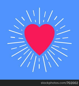 Pink heart with white sun rays on blue background. Heart icon. Flat design. Eps10. Pink heart with white sun rays on blue background. Heart icon. Flat design