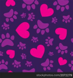 Pink hearts and animal paws, cat, dog track seamless pattern. Vector illustration.