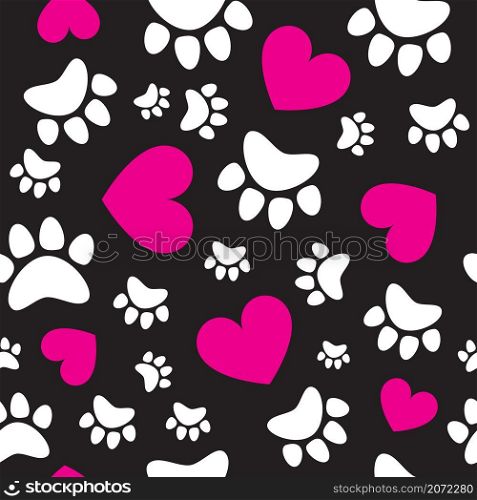 Pink hearts and animal paws, cat, dog track seamless pattern. Vector illustration.